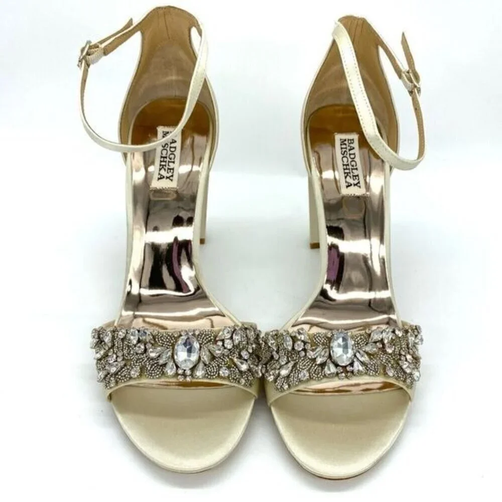 Badgley Mischka Women's Barby Ivory Satin Jeweled Heels New